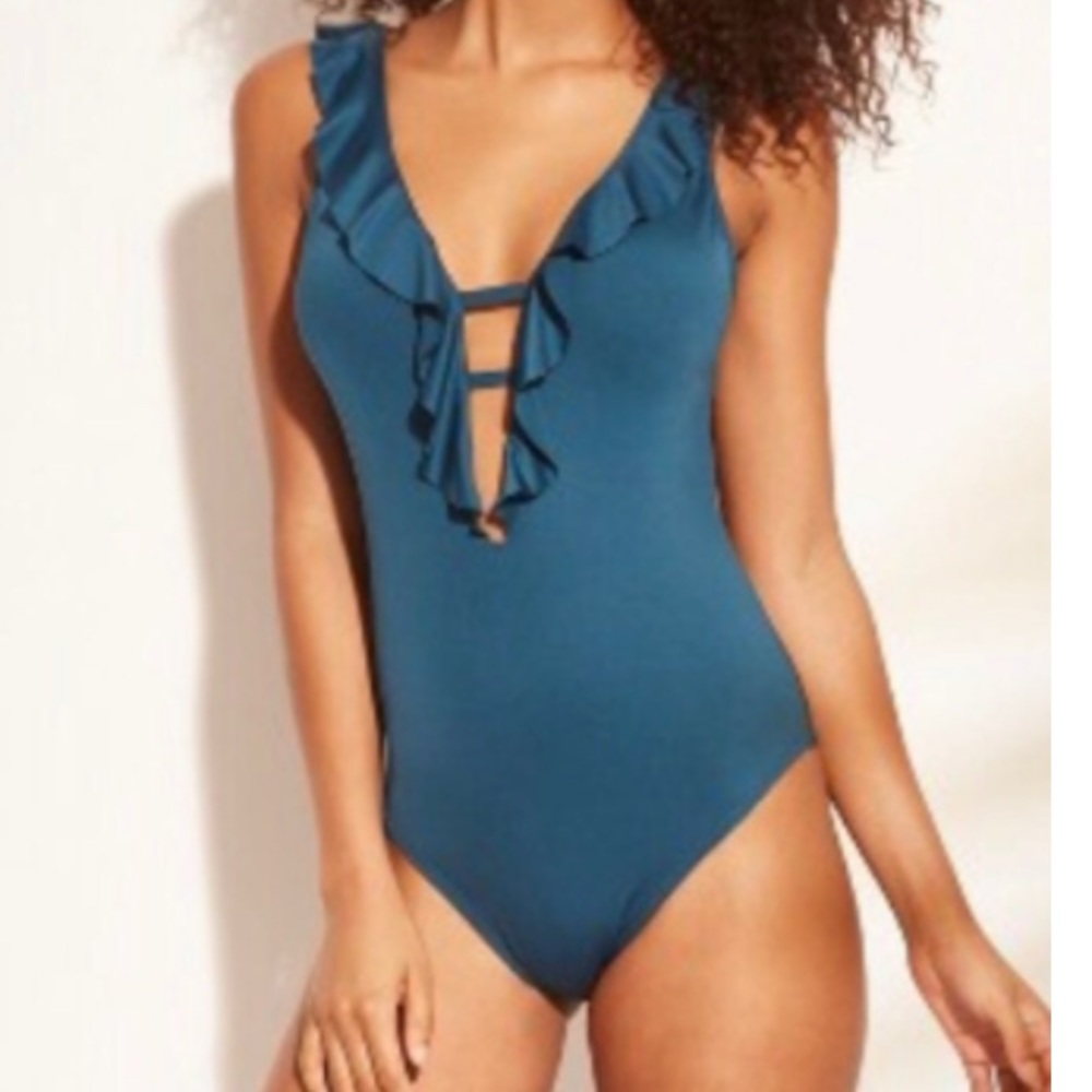 SHADE & SHORE RUFFLE PLUNGE TEAL ONE PIECE (S)